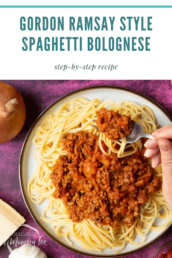 Spaghetti bolognese Gordon Ramsay style served on plates. A fork lifts pasta from the plate. Caption reads: Gordon Ramsay style spaghetti bolognese step-by-step recipe