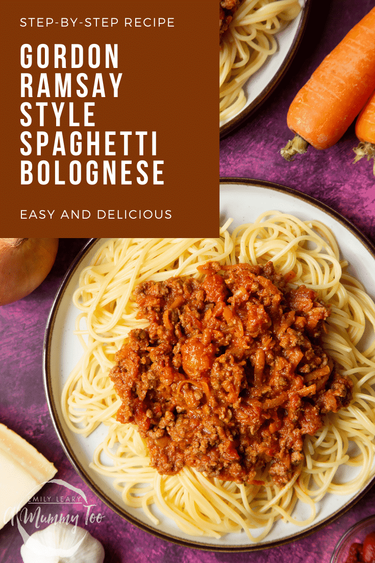 Spaghetti bolognese Gordon Ramsay style served on plates. Caption reads: step-by-step recipe Gordon Ramsay style spaghetti bolognese easy and delicious