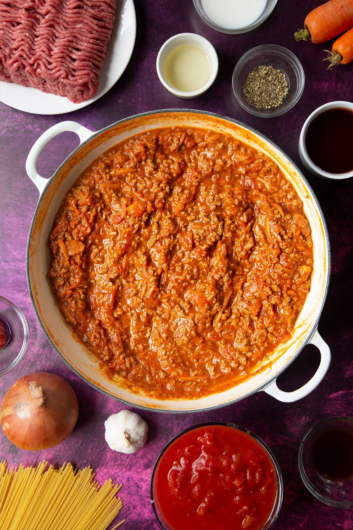 Reduced down spaghetti bolognese Gordon Ramsay style in a pan.