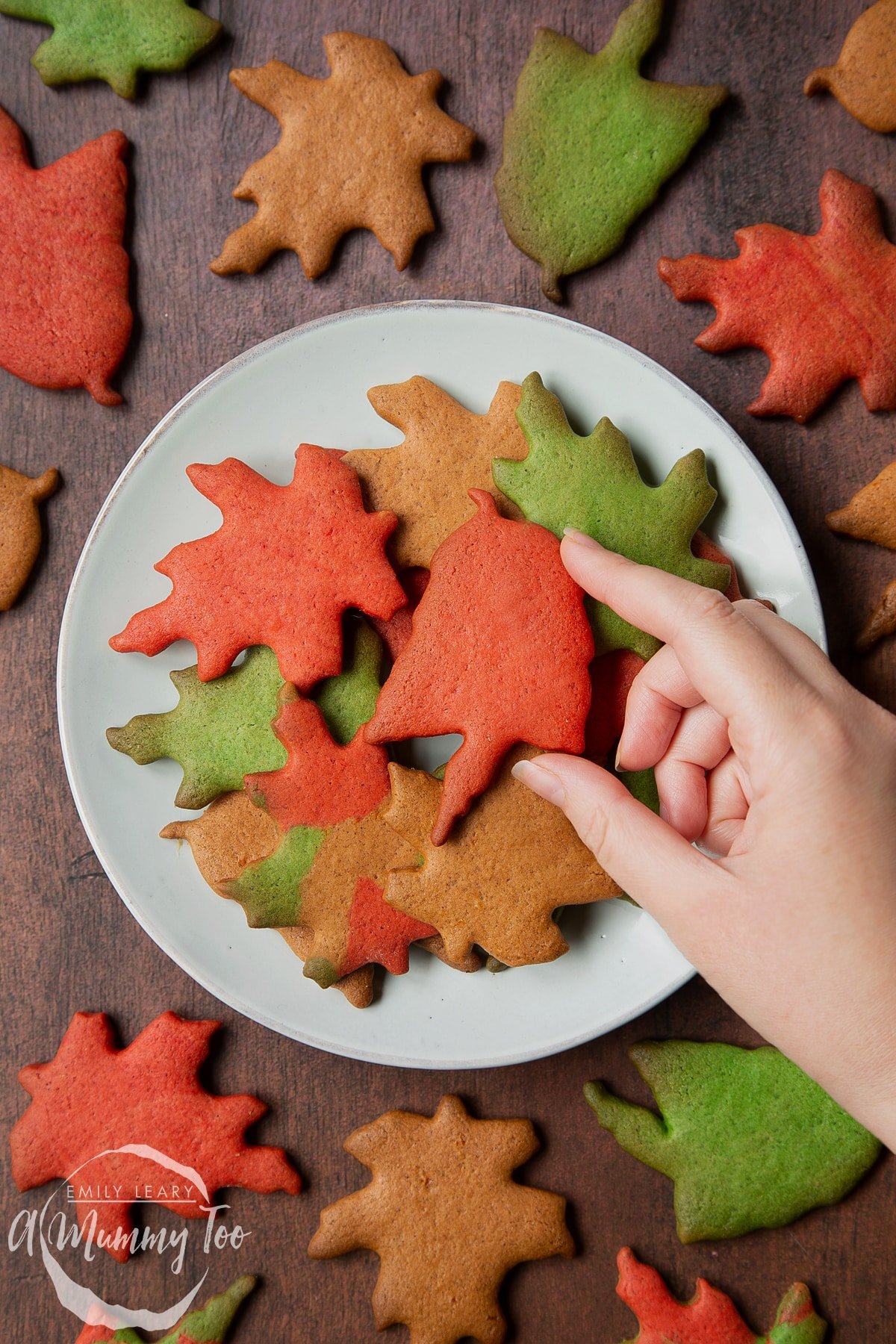 A plate of colourful red, green and brown autumn cookies cut into the shapes of autumn leaves. A hands reaches for a red one.