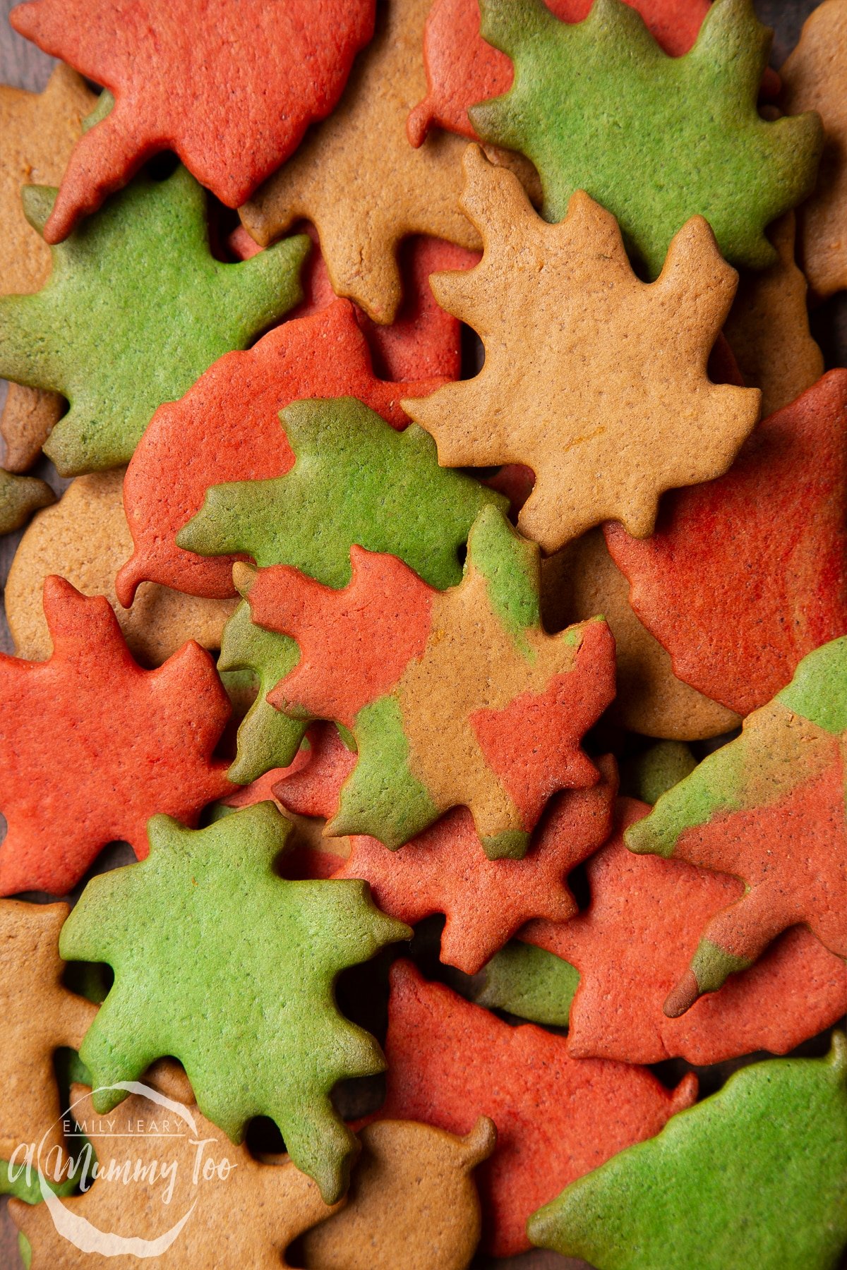 A pile of colourful red, green and brown autumn cookies cut into the shapes of autumn leaves. In the centre is a multicoloured leaf.