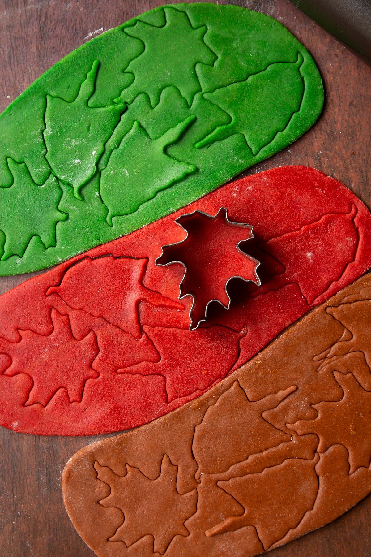 Red, green and brown cookie dough, rolled out side by side with autumn leaf shapes cut into them.