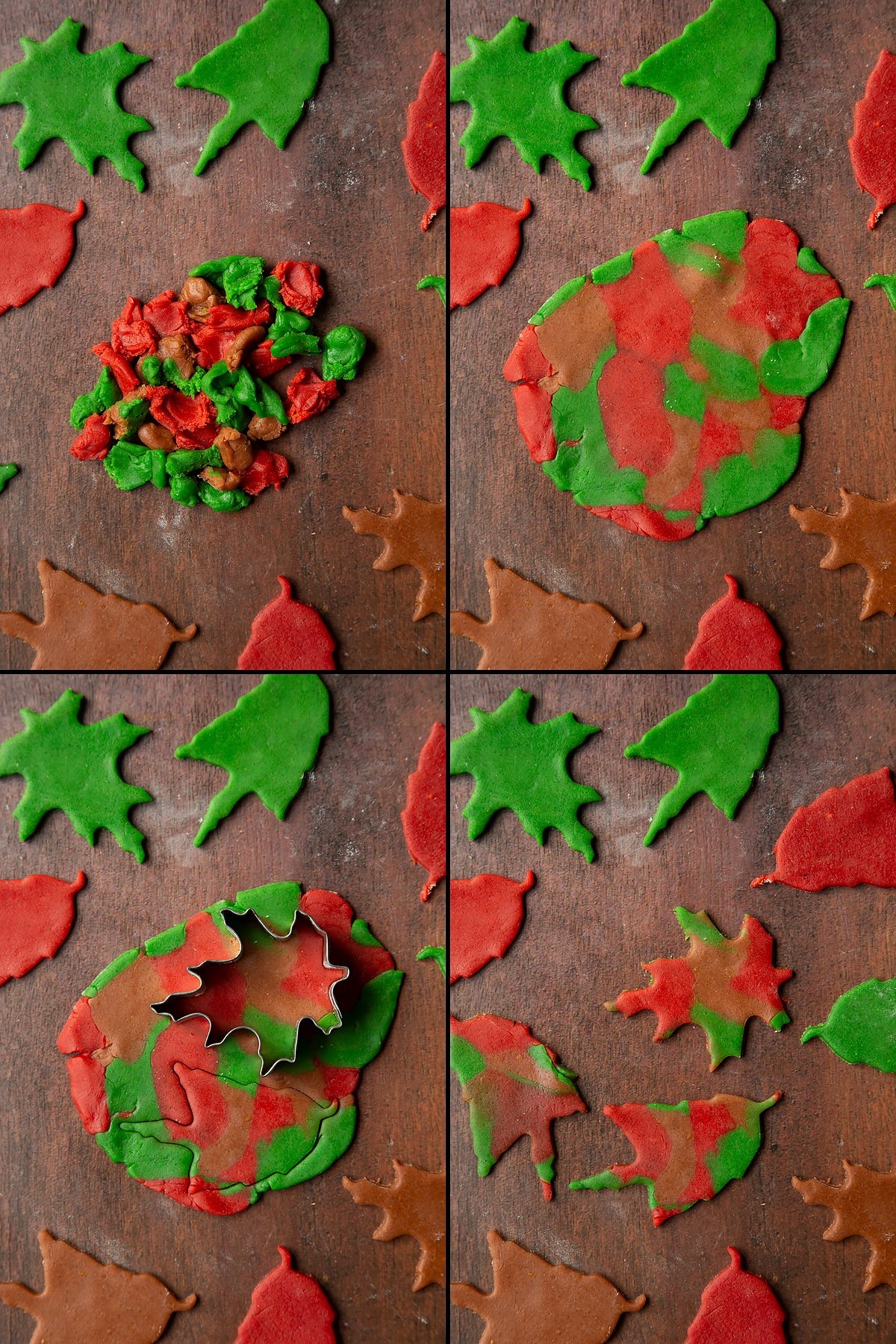 A collage of 4 images showing bits of red, green and brown cookie dough, gathered together, rolled out and cut into multicoloured leaf bicsuits.