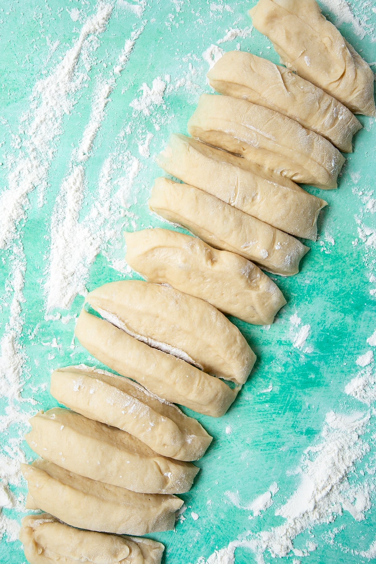 Bread dough rolled into a sausage and cut into 12 pieces on a floured surface.