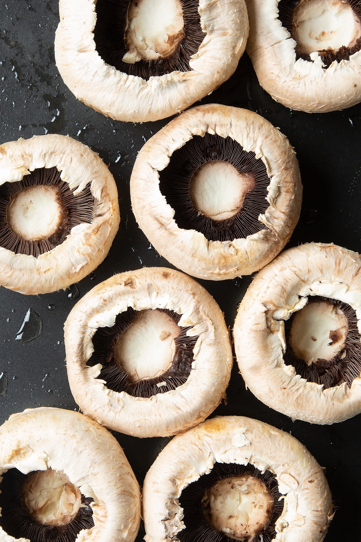 Overhead shot of eight mushrooms on a greased baking tray