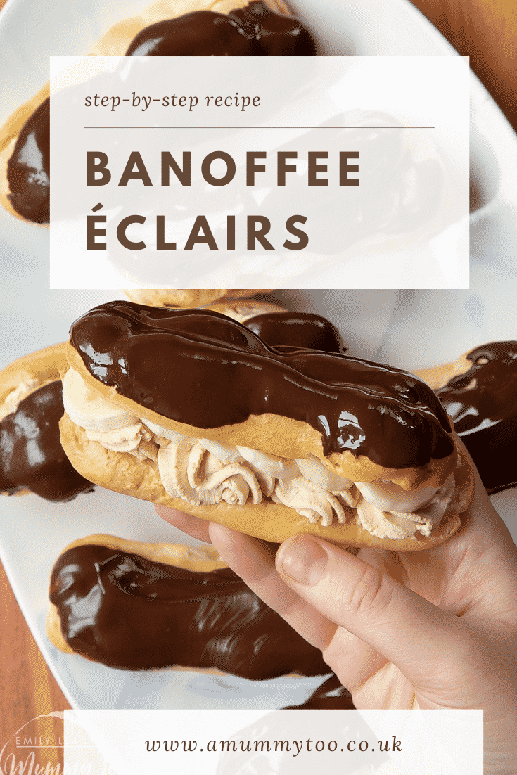 graphic text step-by-step recipe BANOFFEE ÉCLAIRS above overhead shot of a hand holding a sweet banoffee éclair
