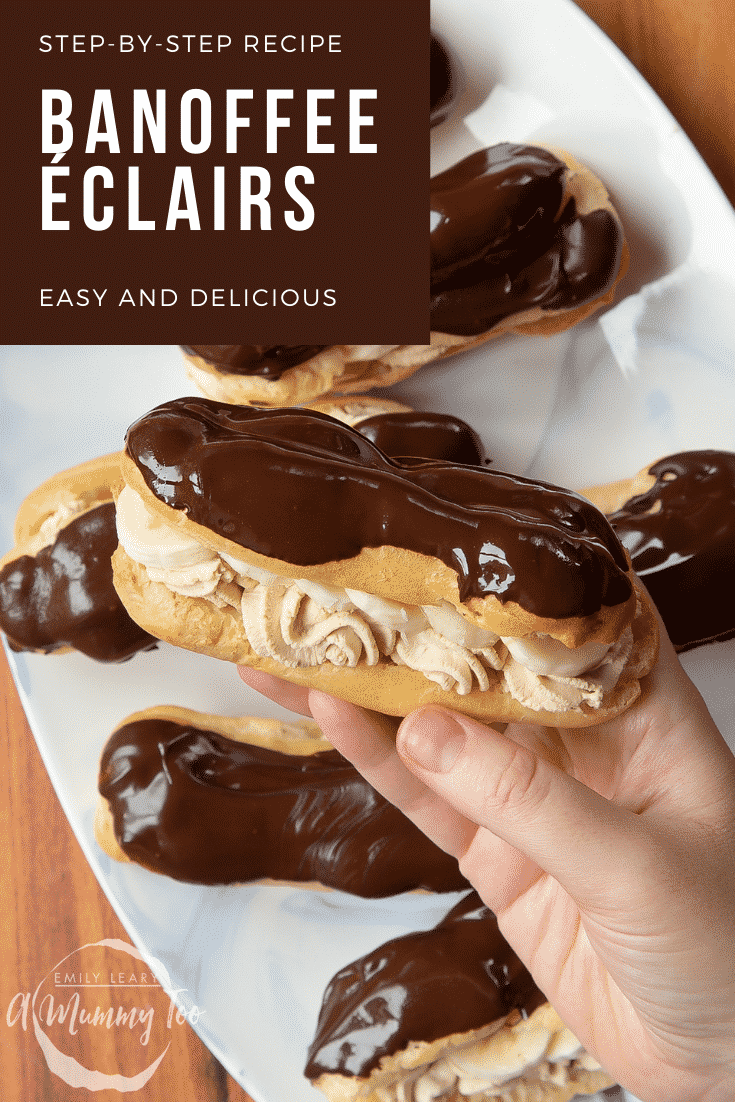 graphic text EASY BANOFFEE ÉCLAIRS QUICK RECIPE STEP-BY-STEP GUIDE above  collage of three photos of banoffee éclairs  with website URL below