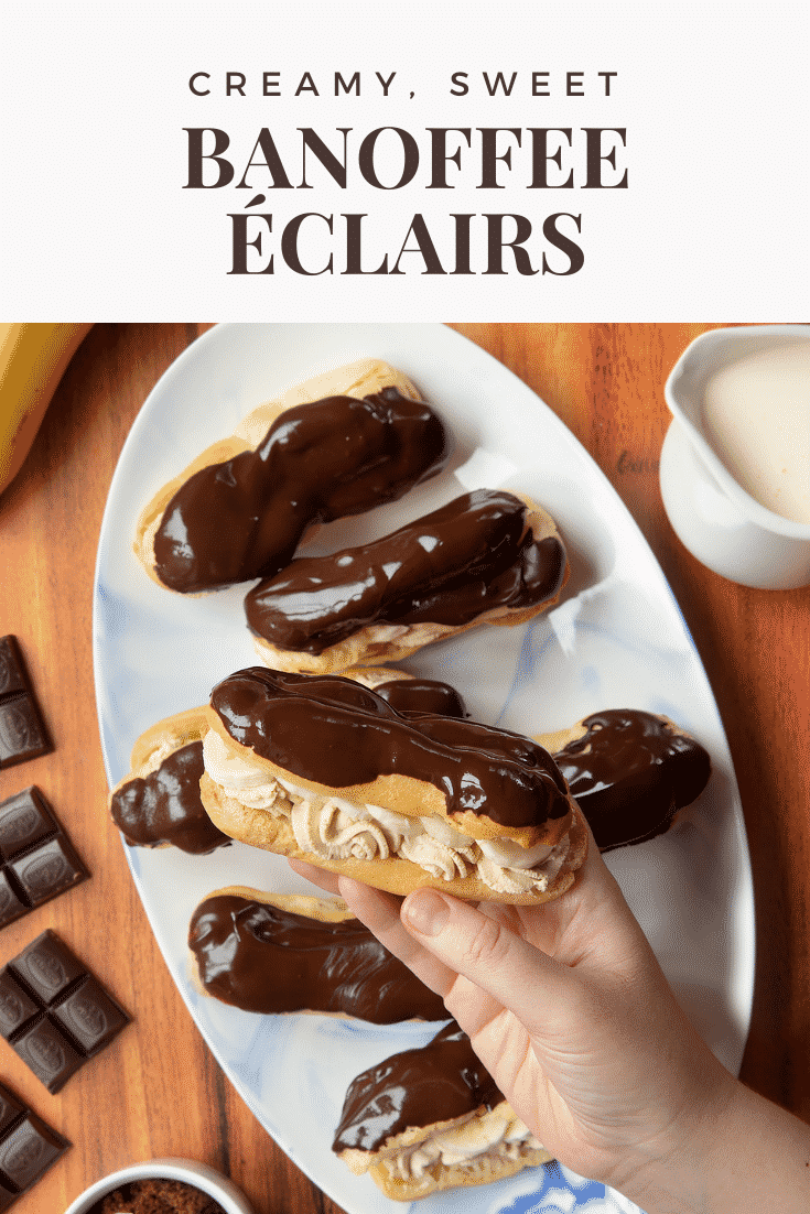 graphic text CREAMY, SWEET BANOFFEE ÉCLAIRS above overhead shot of a hand holding a chocolate éclair