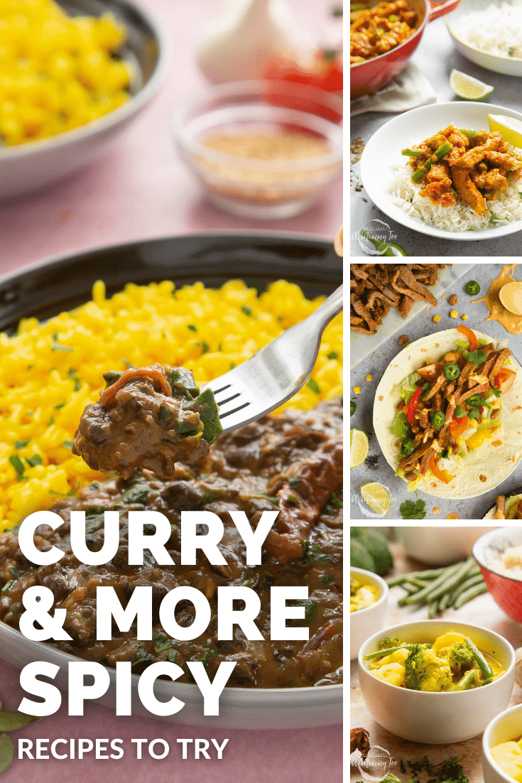Combination of four images of different curry and spicy recipes used to promote the curry and spicy category page.