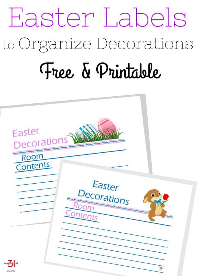 A set of labels with lines for filling in. The labels are titled Easter Decorations and have sections to fill in the Room and Contents. Caption reads: Easter labels to organize decorations. Free & printable.