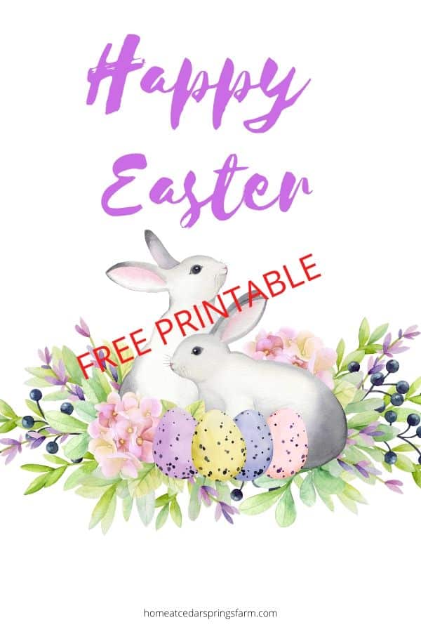 An image of two bunnies in a berry bush, surrounded by coloured Easter eggs. Caption reads: Happy Easter Free Printable