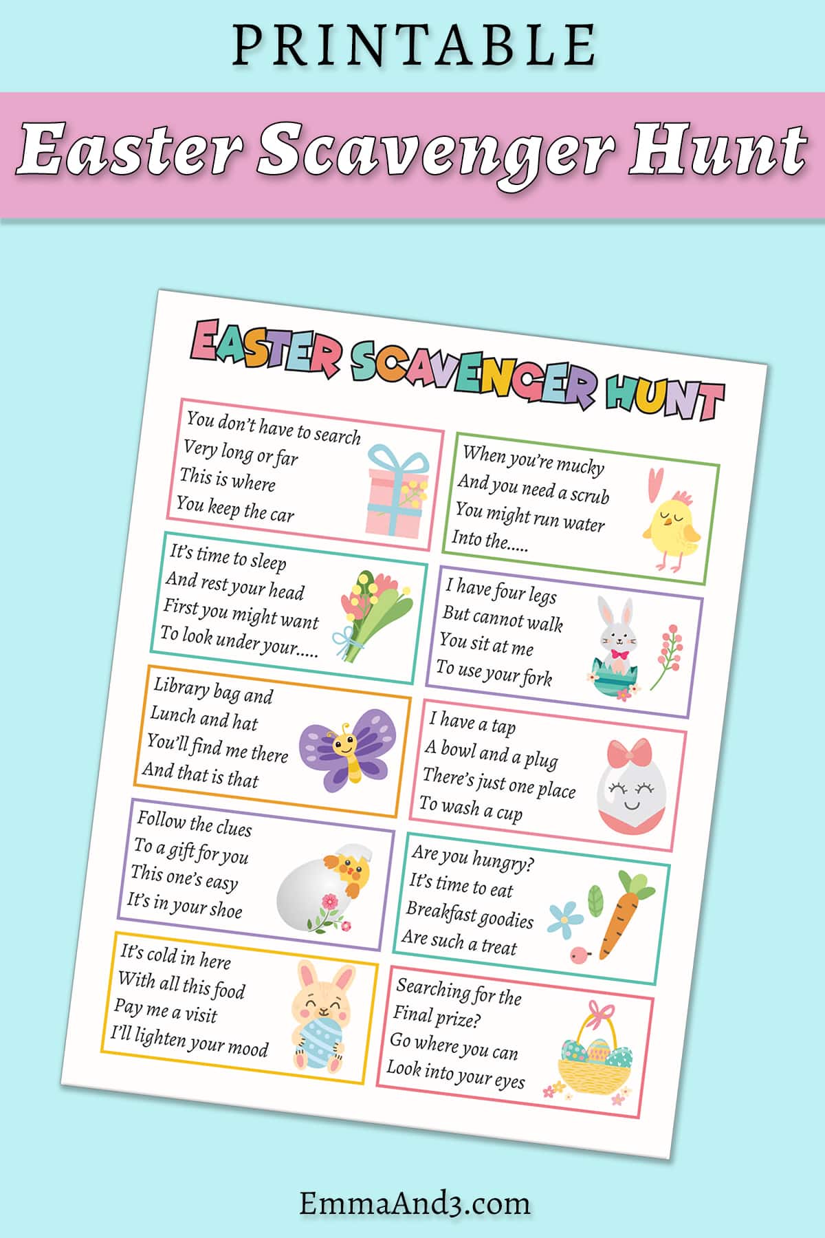 A sheet of scavenger hunt clues decorated with colour images in an Easter theme, such as carrots and bunnies. Caption reads: printable Easter scavenger hunt.