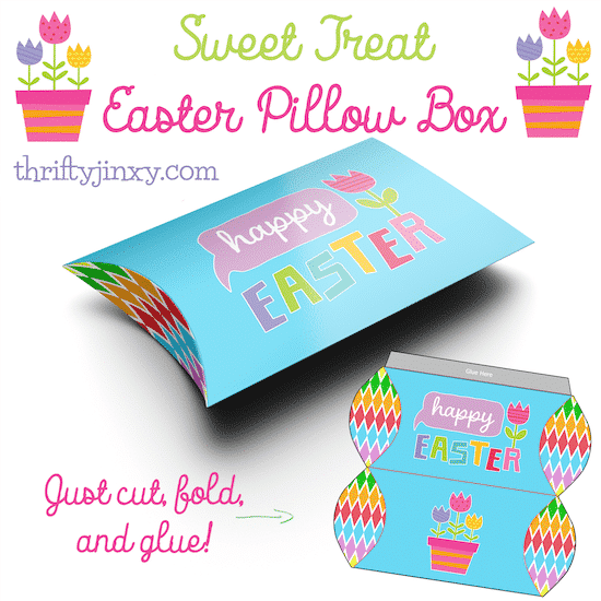 A photo of a foldable box, plus a flat template view of the same. It's blue and bears the label Happy Easter. Caption reads: Sweet treat Easter pillow box.