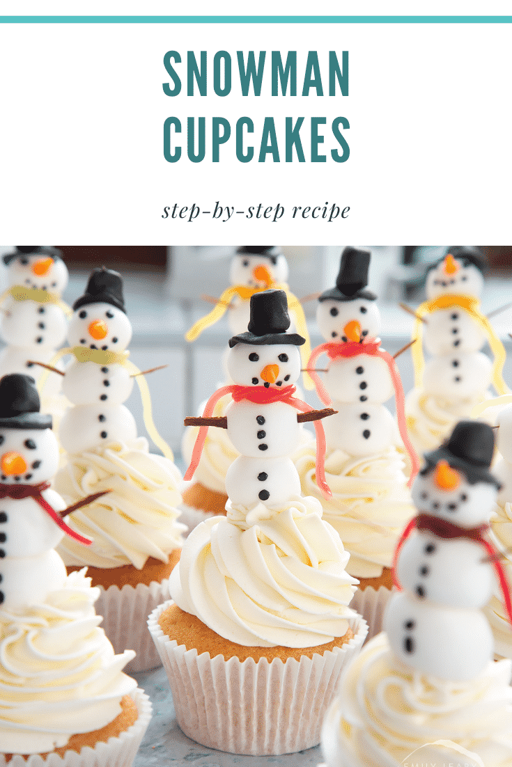 Forward facing image of the snowman cupcakes on a table. There's some teal text at the top of the image describing it for Pinterest. 