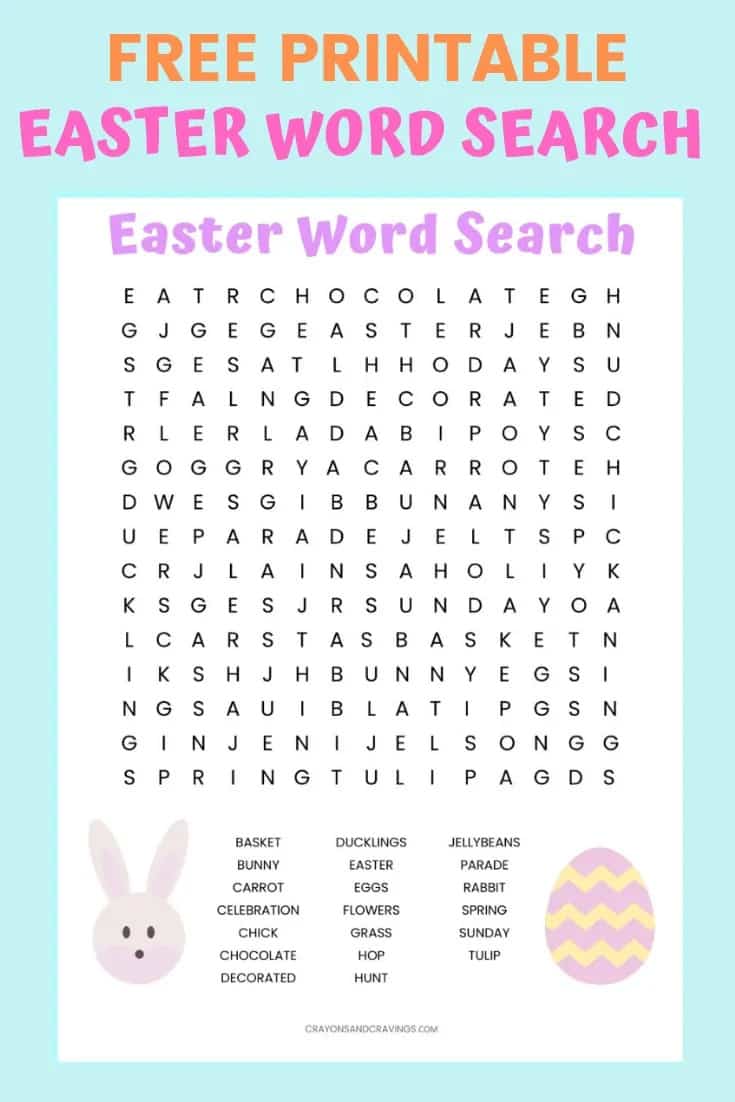 An Easter word search with words like basket, spring and hop. Caption reads: free printable Easter word search.
