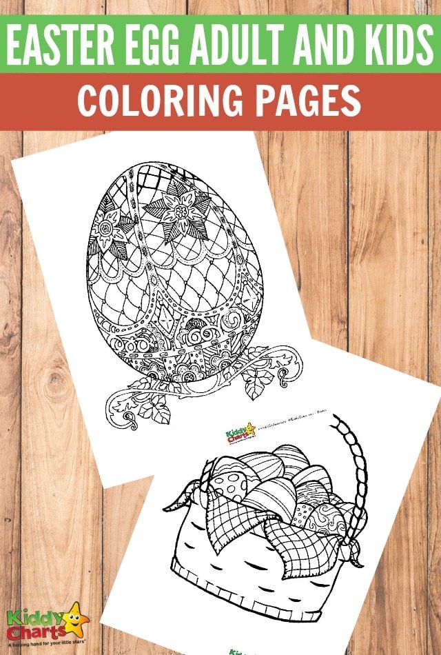 A photo of two sheets of printable colouring pages. They feature intricately decorated Eggs. Caption reads: Easter egg adult and kids colouring pages.