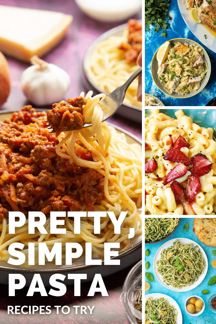 Combination of four images of different pasta recipes used to promote the pasta category page.