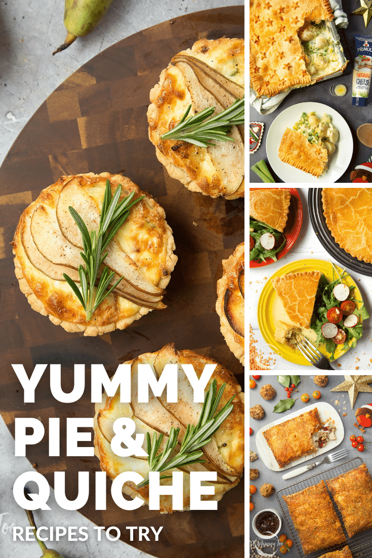 Combination of four images of different pie and quiche recipes used to promote the pie and quiche category page.