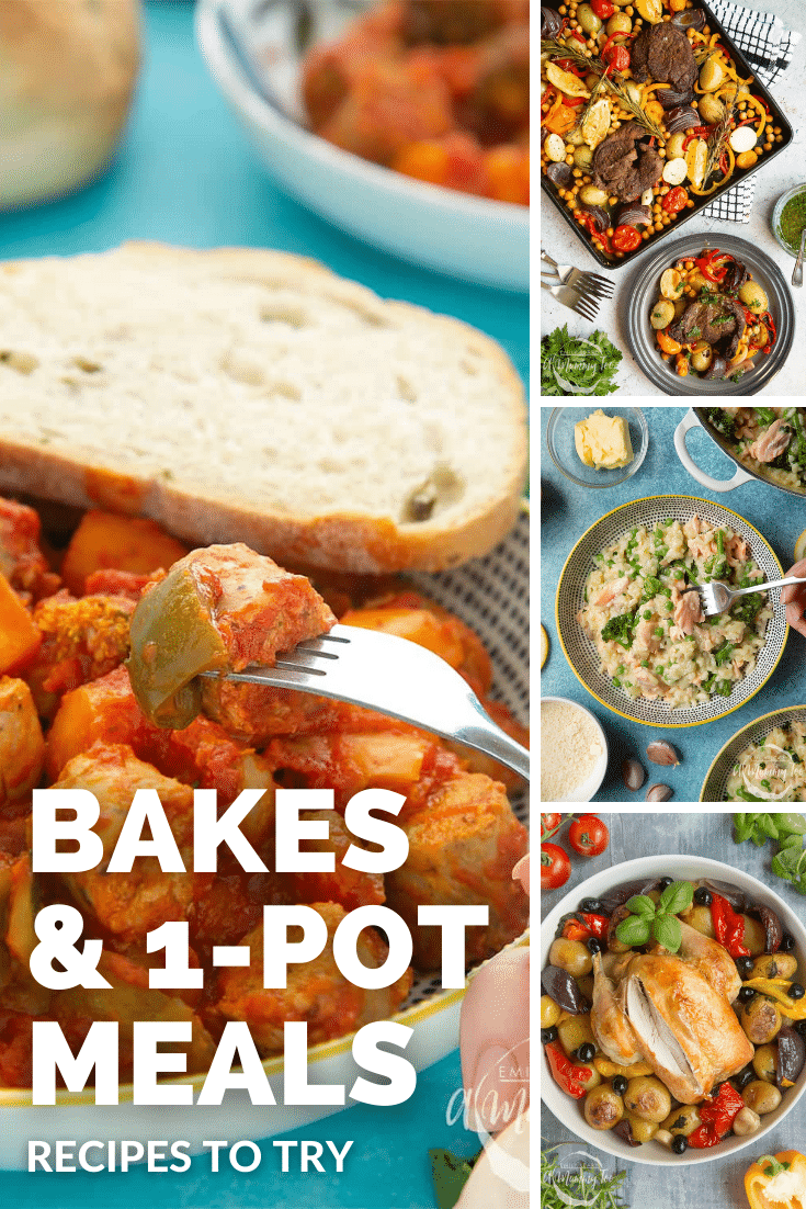 Combination of four images of different savoury bakes and one pot meals recipes used to promote the savoury bakes and 1-pot meals category page.