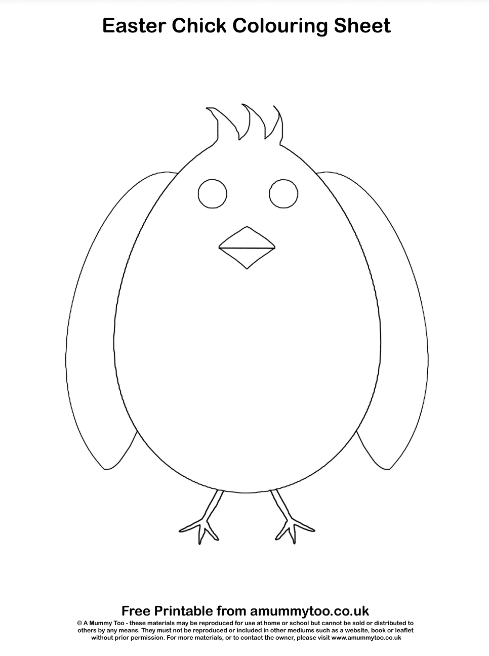 Outline of an Easter chick, ready to colour in. Caption reads: Easter Chick colouring sheet.
