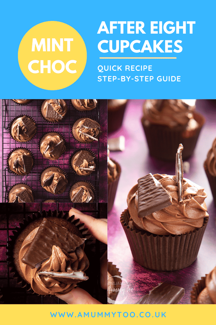 Collage of After Eight cupcakes on a purple surface. Caption reads: Mint choc After Eight cupcakes. Quick recipe. Step-by-step guide