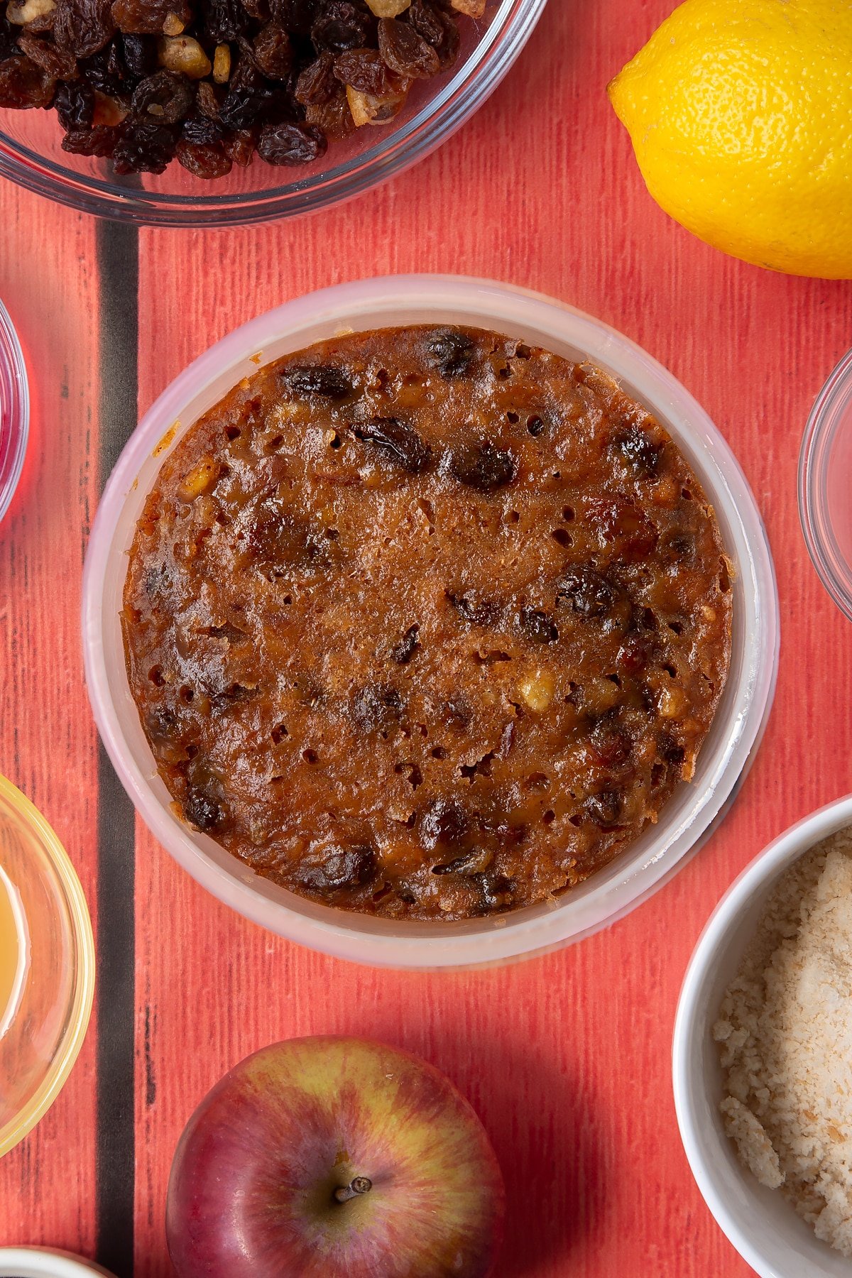 Overhead shot of the finished Christmas pudding inside a bowl.