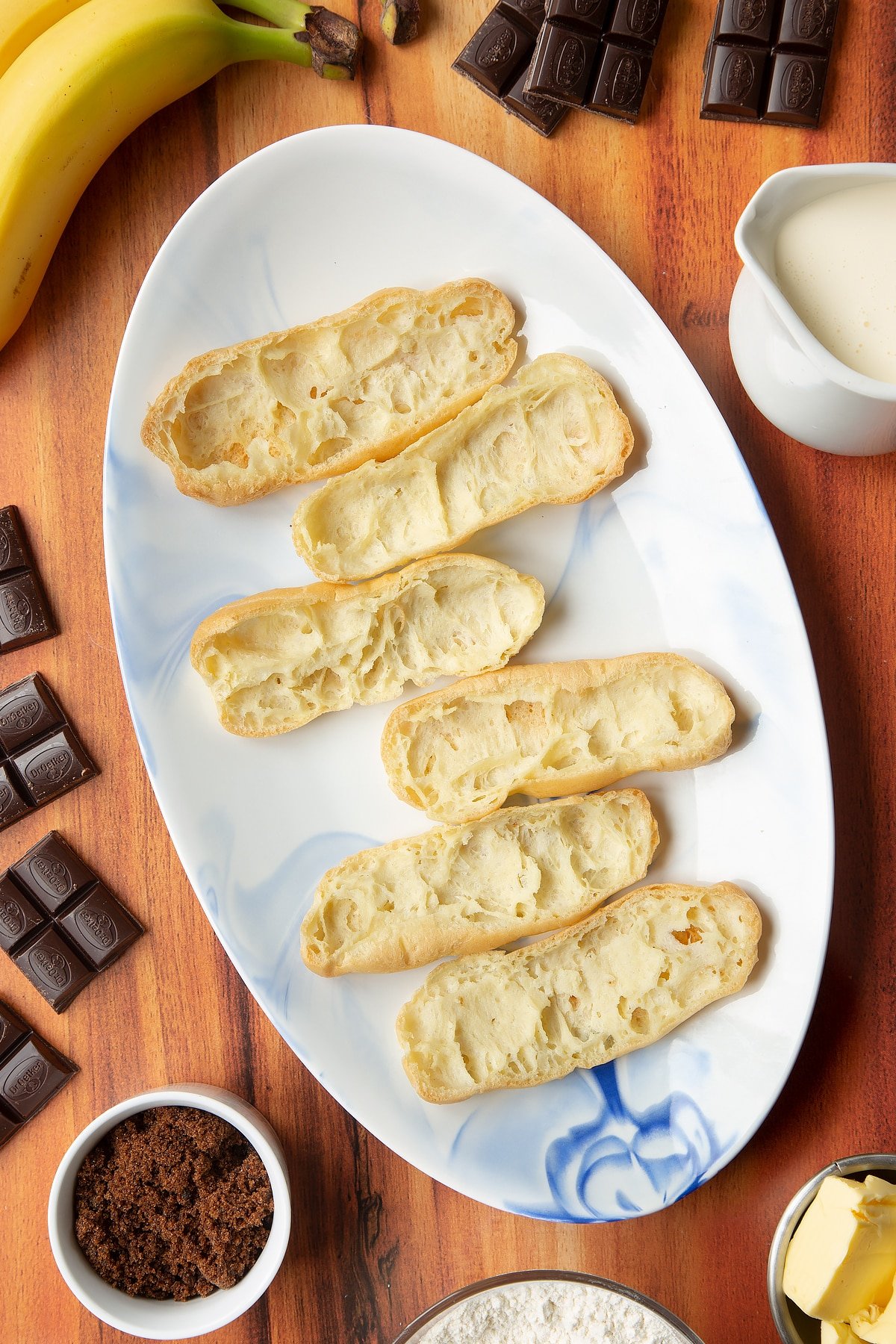 Overhead shot of the bottom halfs of the choux pastry. 