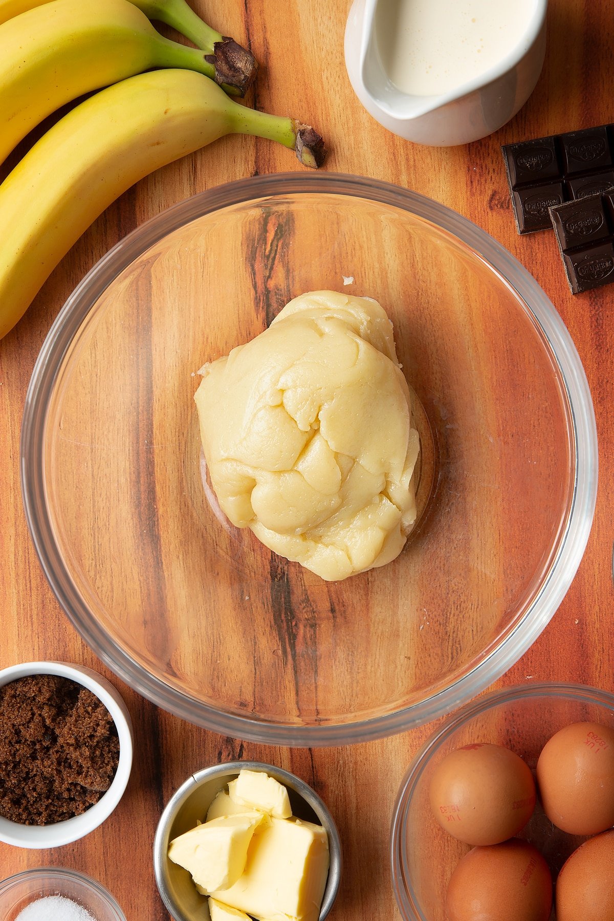 Overhead shot of choux in a large clear bowl