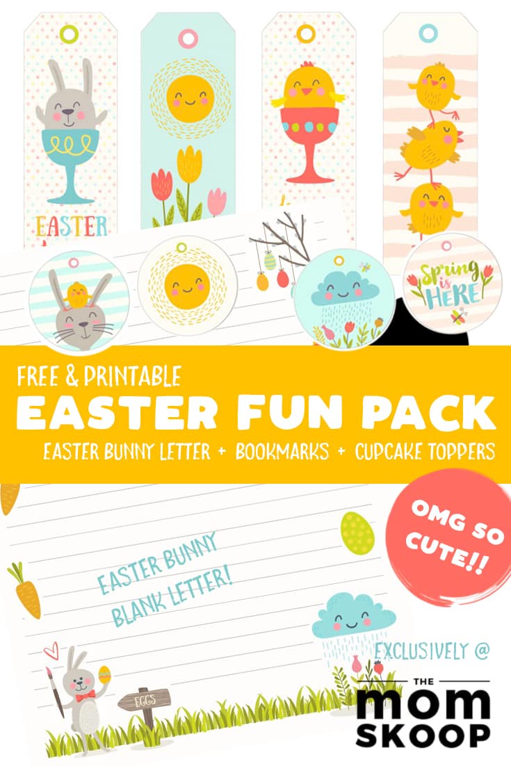 A collage of images fo Easter themed gift tags, bookmarks and cupcake toppers. Caption reads: Free & printable Easter fun pack.