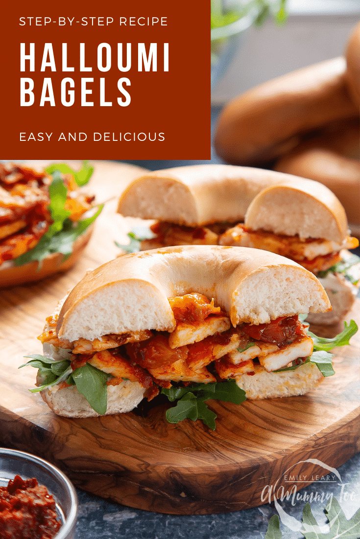 Two halloumi bagels on a wooden board. One is cut in half. Caption reads: step-by-step recipe halloumi bagels easy and delicious