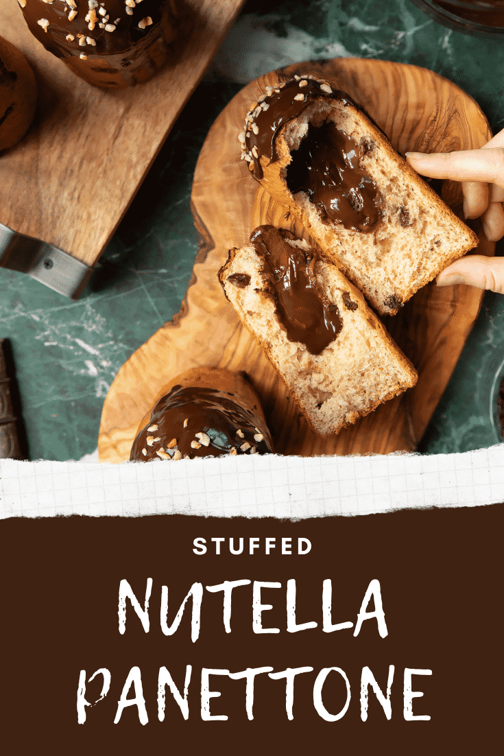 Nutella panettone on wooden boards. A hand reaches for one. Caption reads: step-by-step recipe Stuffed Nutella panettone