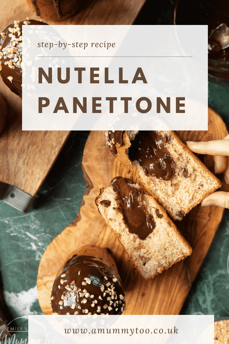 Nutella panettone on wooden boards. Caption reads: step-by-step recipe Stuffed Nutella panettone