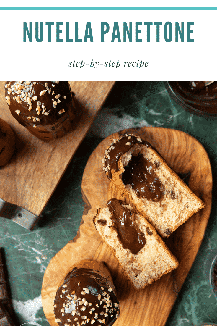 Nutella panettone on wooden boards. Caption reads: Nutella panettone step-by-step recipe