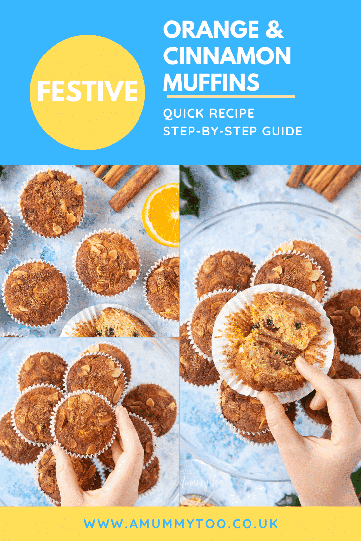 graphic text  FESTIVE ORANGE & CINNAMON MUFFINS QUICK RECIPE STEP-BY-STEP GUIDE above collage of three photos of orange cinnamon muffins with website URL below