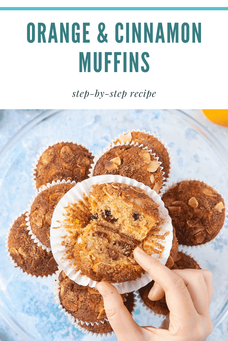 graphic text ORANGE & CINNAMON MUFFINS step-by-step recipe above a hand touching an orange cinnamon muffin