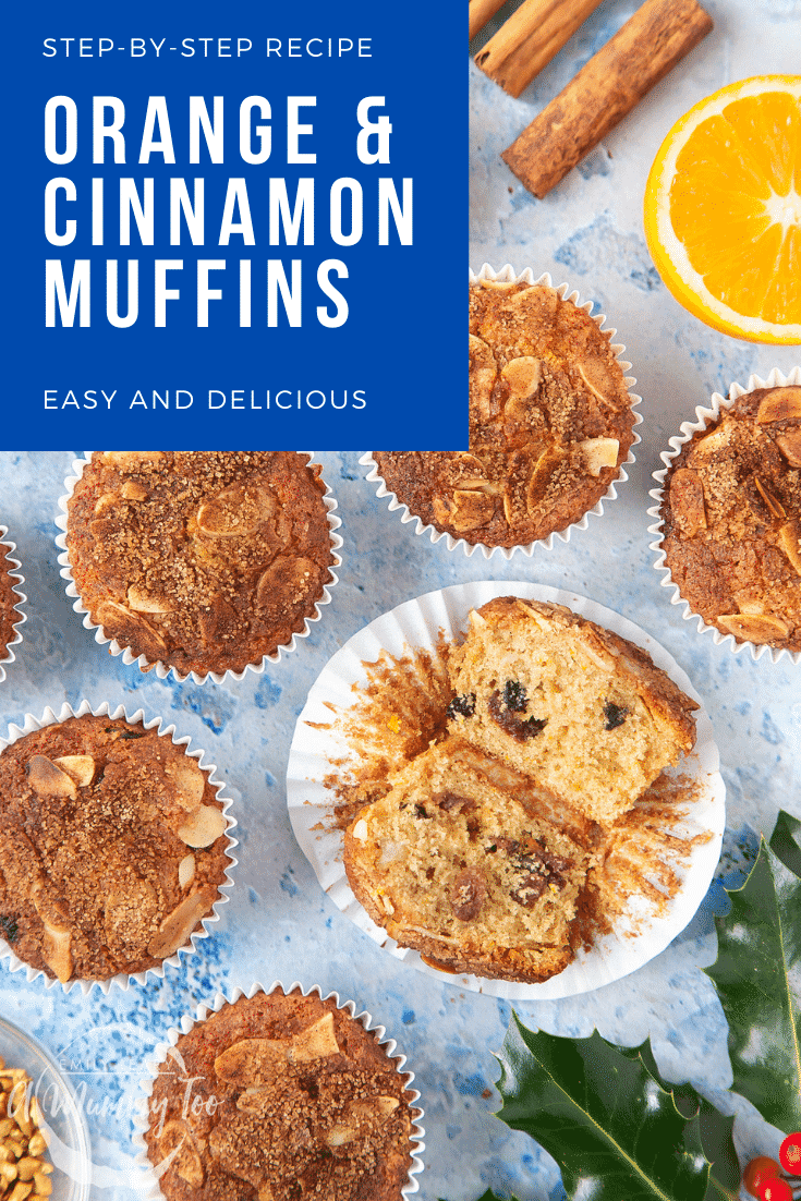 graphic text STEP-BY-STEP RECIPE ORANGE & CINNAMON MUFFINS EASY AND DELICIOUS above halved orange muffins with a mummy too logo in the lower-left corner