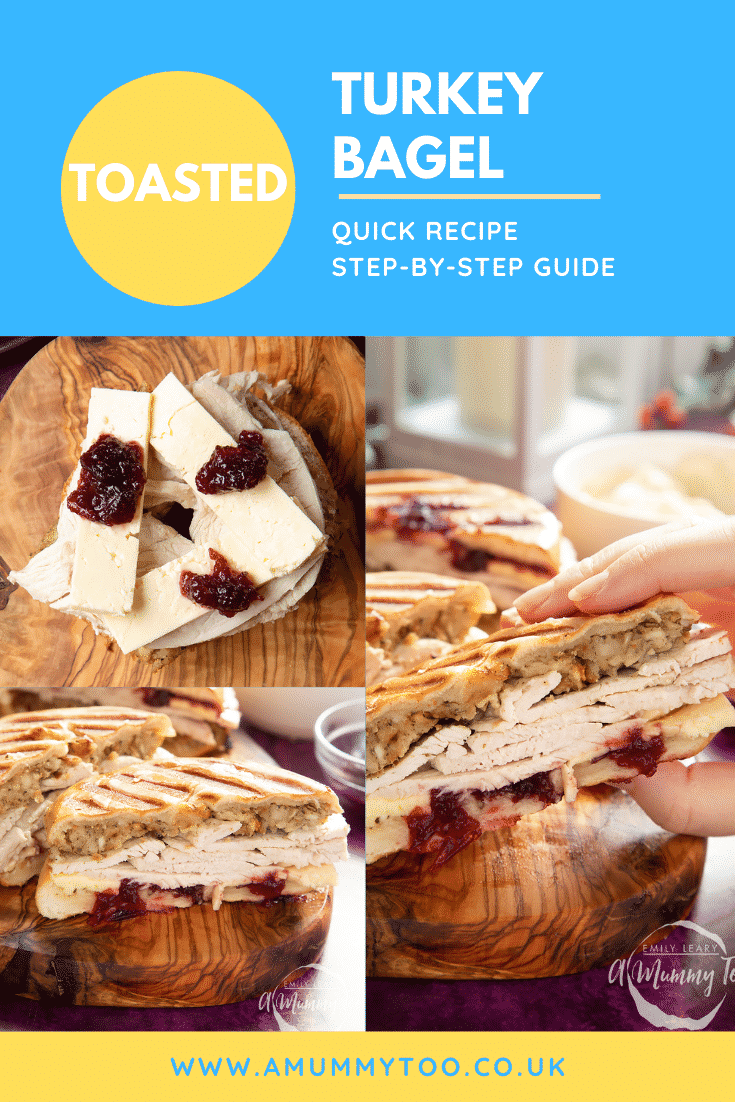 graphic text TOASTED TURKEY BAGEL QUICK RECIPE STEP-BY-STEP GUIDE above collage of three photos of turkey bagel with stuffing with website URL below