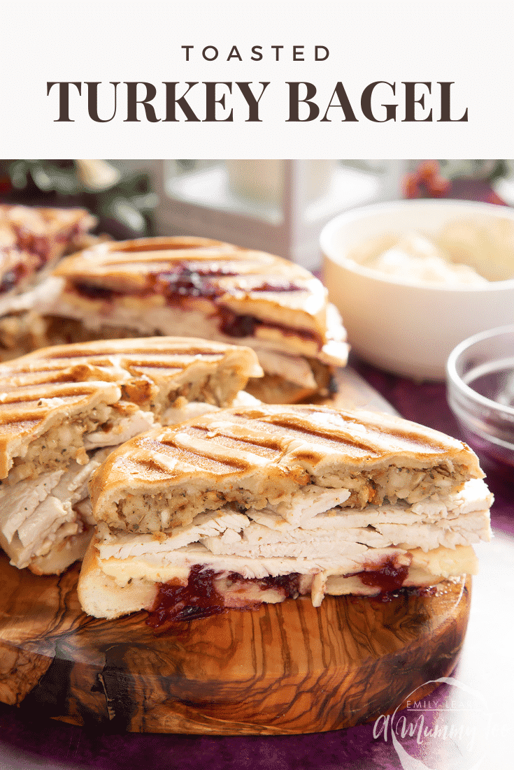 graphic text TOASTED TURKEY BAGEL QUICK RECIPE STEP-BY-STEP GUIDE above collage of three photos of turkey bagel with stuffing with website URL below