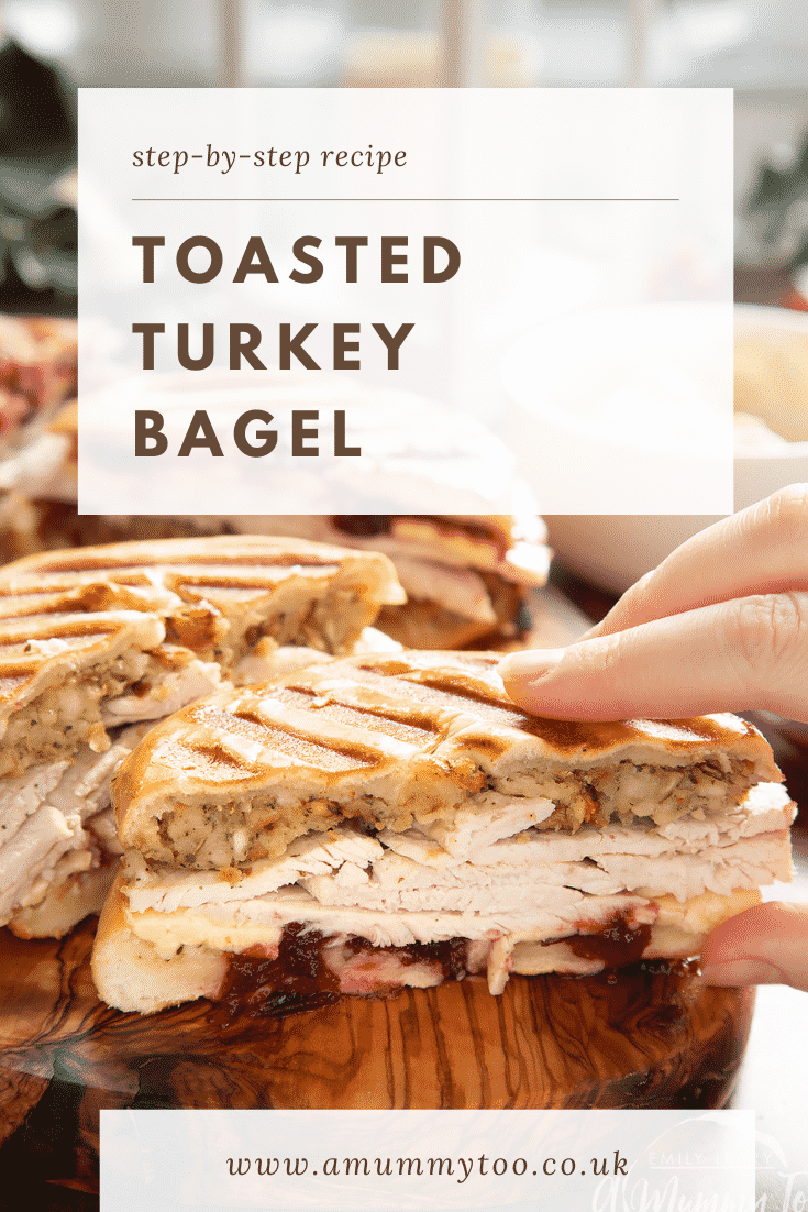 graphic text TOASTED TURKEY BAGEL step-by-step recipe above a hand holding a turkey bagel with cranberry sauce