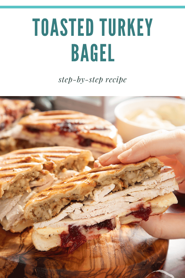 graphic text TOASTED TURKEY BAGEL QUICK RECIPE STEP-BY-STEP GUIDE above collage of three photos of turkey bagel with stuffing with website URL below
