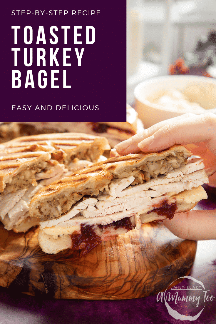 graphic text TOASTED TURKEY BAGEL QUICK RECIPE STEP-BY-STEP GUIDE above collage of three photos of turkey bagel with stuffing with website URL below