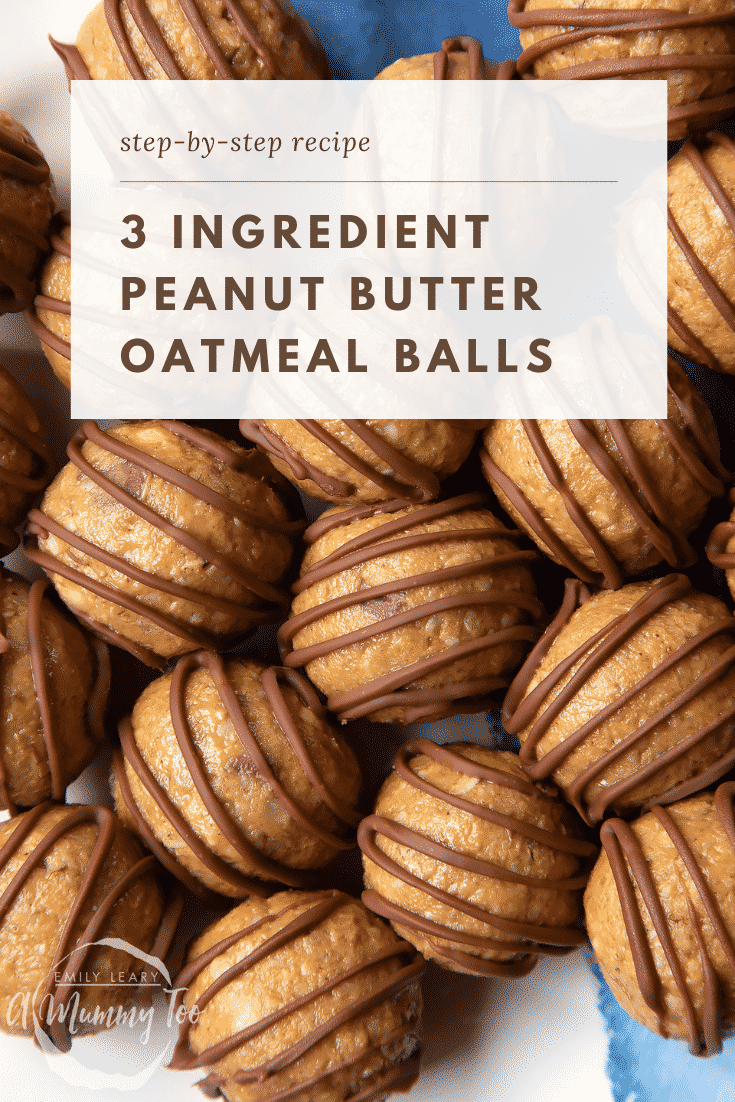 Close up of peanut butter and oatmeal balls decorated with chocolate on a blue and white plate. Caption reads: step-by-step recipe 3 ingredient peanut butter oatmeal balls