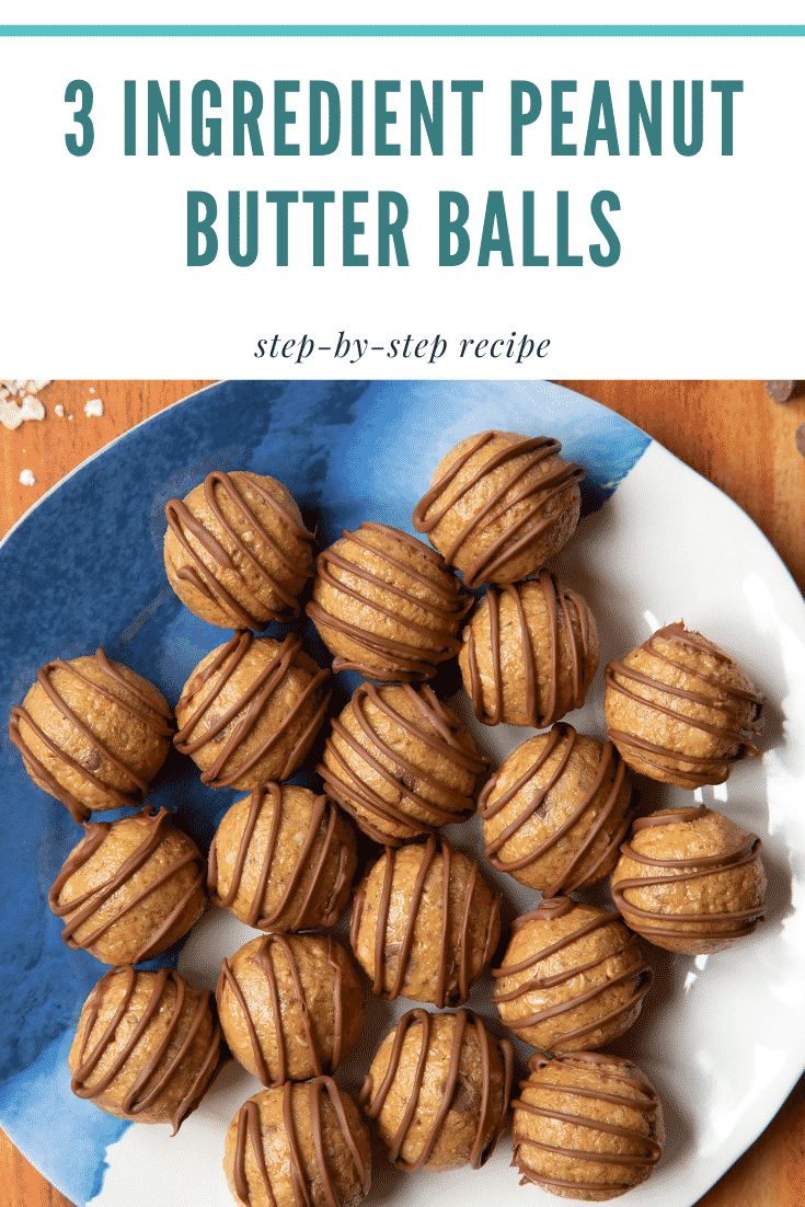 Peanut butter and oatmeal balls decorated with chocolate on a blue and white plate. Caption reads: 3 ingredient peanut butter oatmeal balls step-by-step recipe