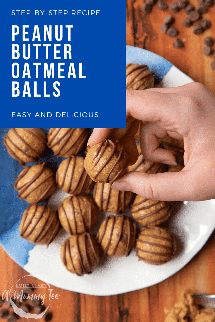 Peanut butter and oatmeal balls decorated with chocolate on a blue and white plate. A hand holds ones. Caption reads: step-by-step recipe peanut butter oatmeal balls easy and delicious