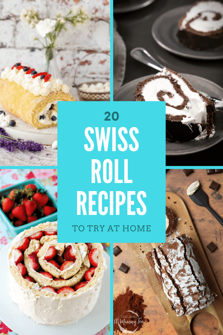 Collage of 4 Swiss rolls. Caption reads: 20 Swiss roll recipes to try at home