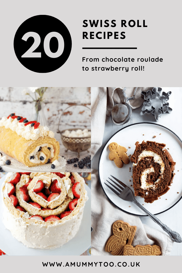 Collage of 3 Swiss rolls. Caption reads: 20 Swiss roll recipes from chocolate roulade to strawberry roll