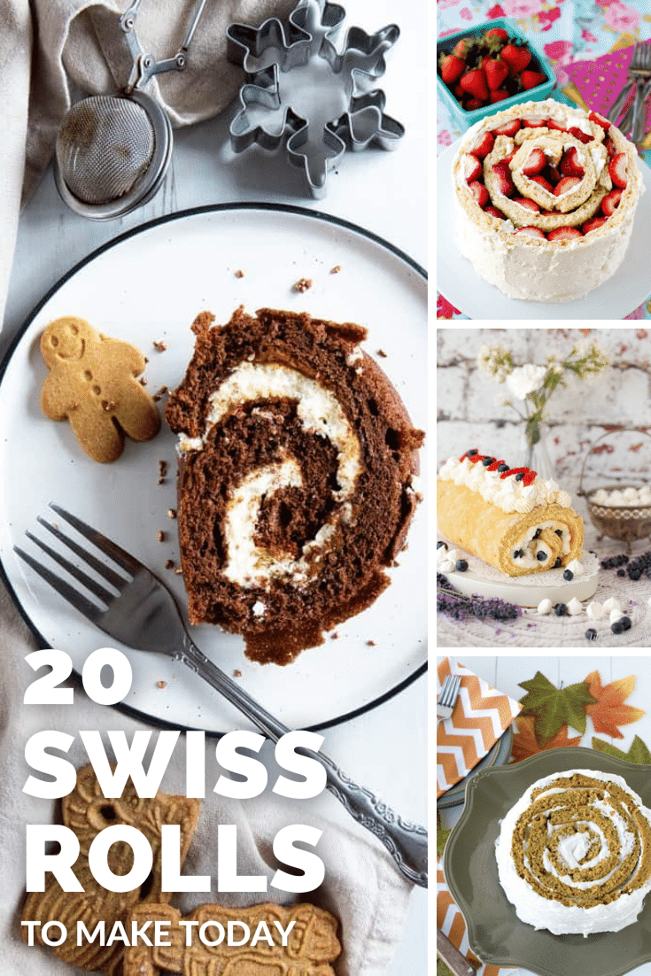 Collage of 4 Swiss rolls. Caption reads: 20 Swiss rolls to make today