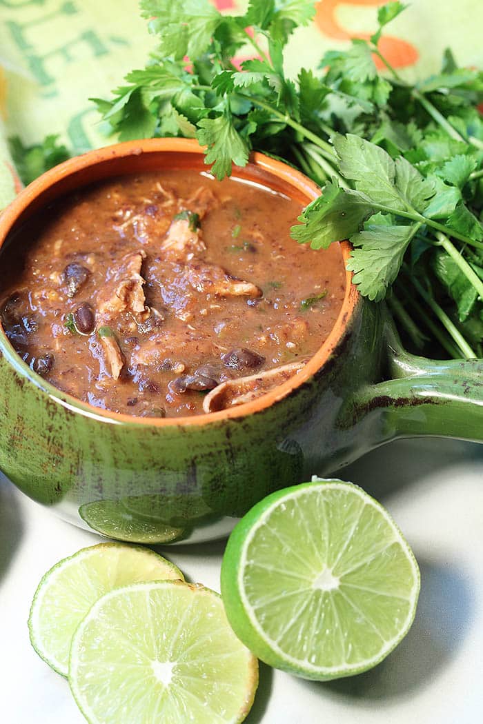 Black bean and shredded chicken soup inside a large green ceramic pot / bowl. Fresh herbs decorate the side of the bowl.