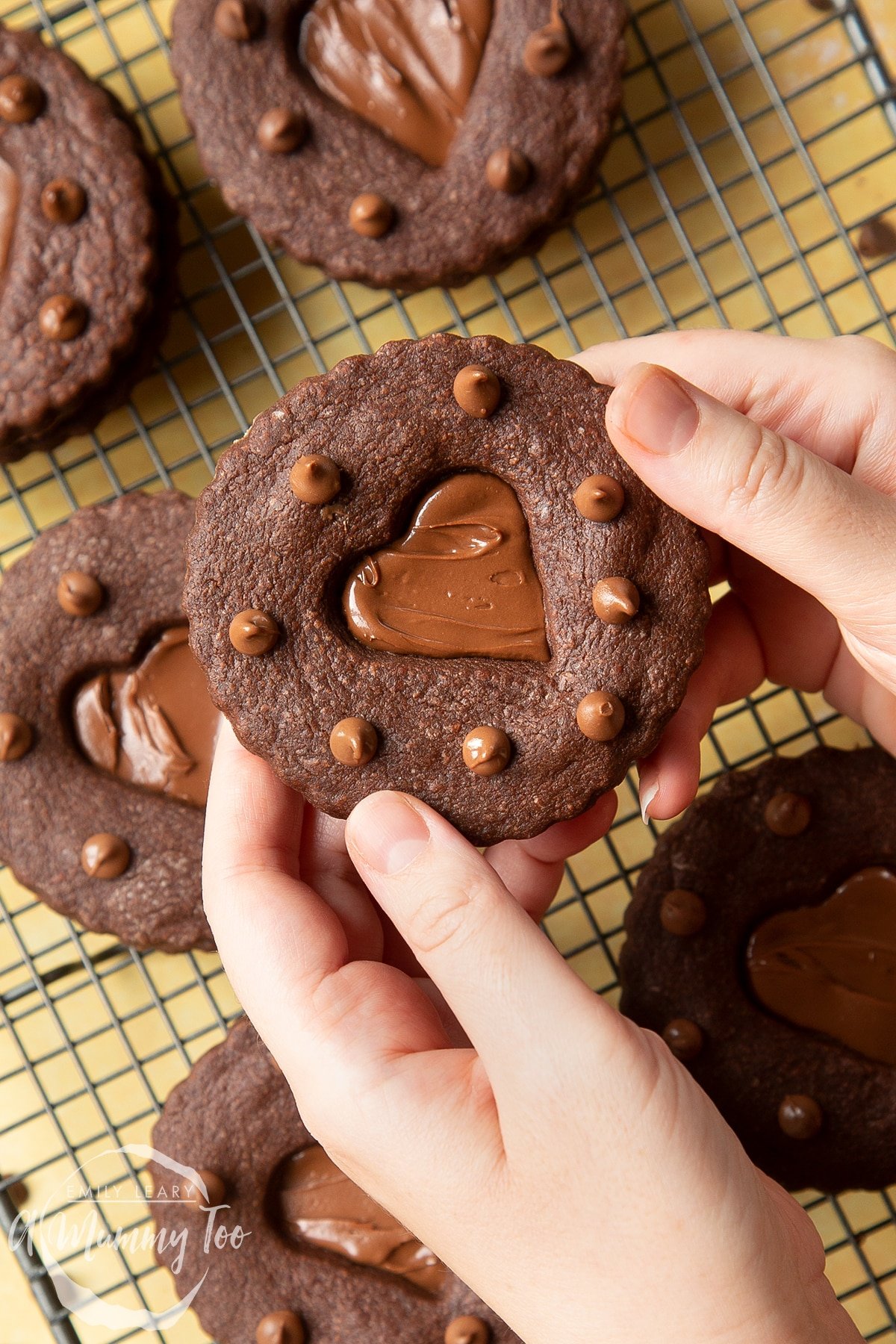 Two hands holding a Nutella sandwich cookie.