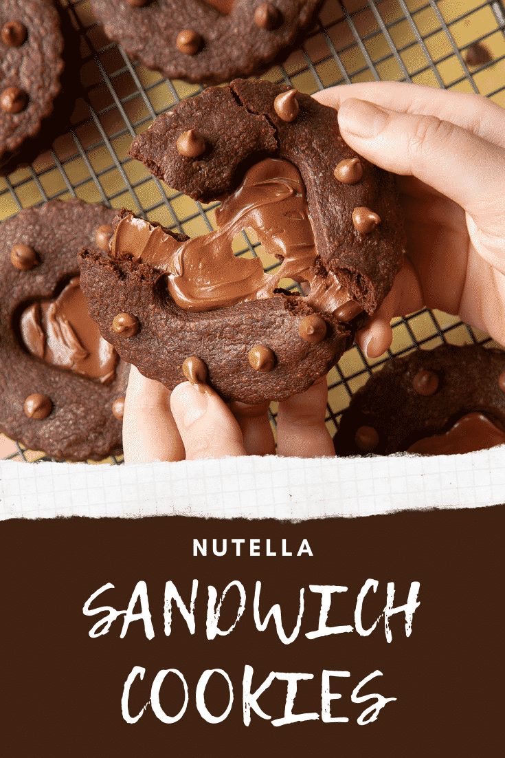 Two hands holding a Nutella sandwich cookie. The cookie is broken in half. Caption reads: Nutella sandwich cookies